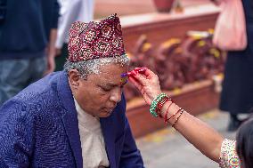 Celebrating Bhaitika Festival In Kathmandu, Nepal.