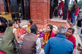 Celebrating Bhaitika Festival In Kathmandu, Nepal.