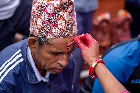 Celebrating Bhaitika Festival In Kathmandu, Nepal.