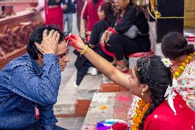 Celebrating Bhaitika Festival In Kathmandu, Nepal.