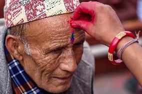 Celebrating Bhaitika Festival In Kathmandu, Nepal.