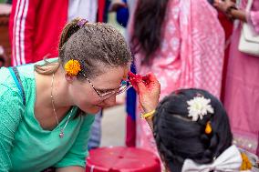 Celebrating Bhaitika Festival In Kathmandu, Nepal.