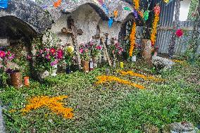 Cemetery Del Carmen Is Decorated Whit Cempaschil Flowers For Day Of The Dead