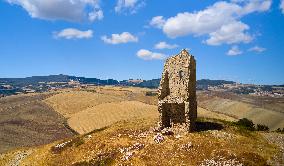 Ruins Of A Norman Tower Shaped Like A Giant Chair On A Hilltop In Pietramontecorvino, Italy