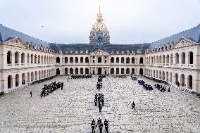 Presidents Macron And Tokaiev At Military Ceremony At Hotel Des Invalides - Paris