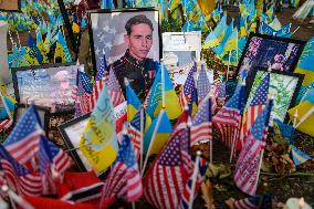 American Flags On A Makeshift Memorial Honoring Ukrainian Armed Forces Soldiers In Kyiv