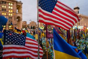 American Flags On A Makeshift Memorial Honoring Ukrainian Armed Forces Soldiers In Kyiv