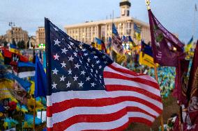 American Flags On A Makeshift Memorial Honoring Ukrainian Armed Forces Soldiers In Kyiv