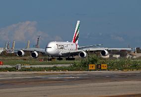 Emirates Airbus A380 Landing At Barcelona Airport