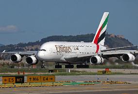 Emirates Airbus A380 Landing At Barcelona Airport