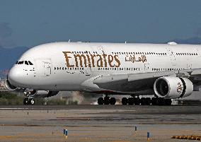 Emirates Airbus A380 landing in Barcelona