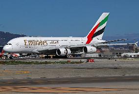 Emirates Airbus A380 landing in Barcelona