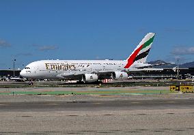 Emirates Airbus A380 landing in Barcelona