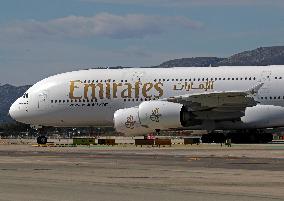 Emirates Airbus A380 landing in Barcelona