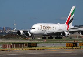 Emirates Airbus A380 landing in Barcelona