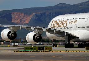 Emirates Airbus A380 landing in Barcelona