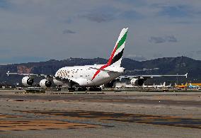 Emirates Airbus A380 landing in Barcelona