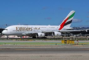 Emirates Airbus A380 landing in Barcelona