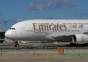 Emirates Airbus A380 landing in Barcelona