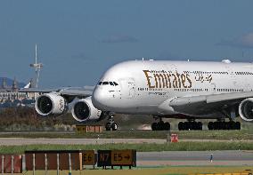 Emirates Airbus A380 landing in Barcelona