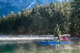 Kayaking On The Lake Plansee, Tyrol, Austria