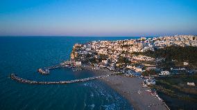 Aerial Drone View Of Peschici On The Adriatic Coast Of Italy