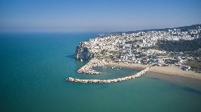 Aerial Drone View Of Peschici On The Adriatic Coast Of Italy