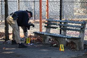 Evidence Markers At Scene Where A 21-year-old Man Was Fatally Stabbed At Steuben Park In Brooklyn New York