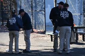 Evidence Markers At Scene Where A 21-year-old Man Was Fatally Stabbed At Steuben Park In Brooklyn New York