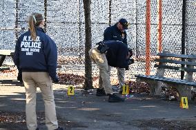 Evidence Markers At Scene Where A 21-year-old Man Was Fatally Stabbed At Steuben Park In Brooklyn New York