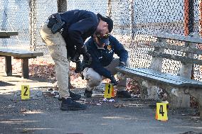 Evidence Markers At Scene Where A 21-year-old Man Was Fatally Stabbed At Steuben Park In Brooklyn New York