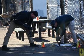 Evidence Markers At Scene Where A 21-year-old Man Was Fatally Stabbed At Steuben Park In Brooklyn New York