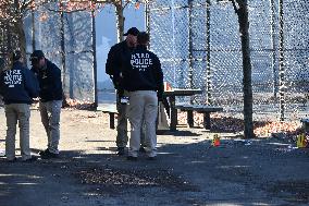 Evidence Markers At Scene Where A 21-year-old Man Was Fatally Stabbed At Steuben Park In Brooklyn New York