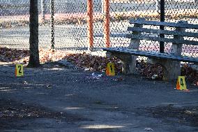 Evidence Markers At Scene Where A 21-year-old Man Was Fatally Stabbed At Steuben Park In Brooklyn New York