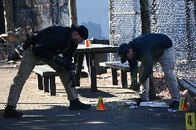 Evidence Markers At Scene Where A 21-year-old Man Was Fatally Stabbed At Steuben Park In Brooklyn New York