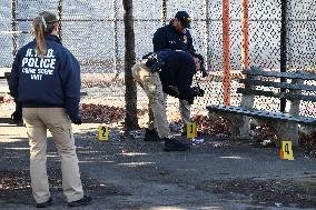 Evidence Markers At Scene Where A 21-year-old Man Was Fatally Stabbed At Steuben Park In Brooklyn New York