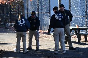 Evidence Markers At Scene Where A 21-year-old Man Was Fatally Stabbed At Steuben Park In Brooklyn New York