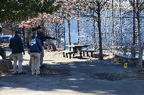 Evidence Markers At Scene Where A 21-year-old Man Was Fatally Stabbed At Steuben Park In Brooklyn New York