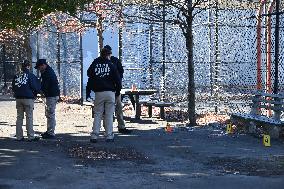 Evidence Markers At Scene Where A 21-year-old Man Was Fatally Stabbed At Steuben Park In Brooklyn New York