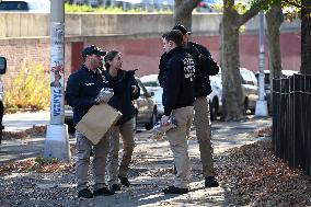 Evidence Markers At Scene Where A 21-year-old Man Was Fatally Stabbed At Steuben Park In Brooklyn New York