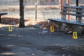 Evidence Markers At Scene Where A 21-year-old Man Was Fatally Stabbed At Steuben Park In Brooklyn New York