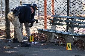 Evidence Markers At Scene Where A 21-year-old Man Was Fatally Stabbed At Steuben Park In Brooklyn New York