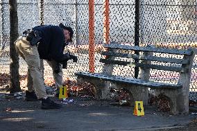 Evidence Markers At Scene Where A 21-year-old Man Was Fatally Stabbed At Steuben Park In Brooklyn New York