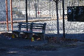 Evidence Markers At Scene Where A 21-year-old Man Was Fatally Stabbed At Steuben Park In Brooklyn New York