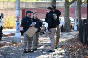 Evidence Markers At Scene Where A 21-year-old Man Was Fatally Stabbed At Steuben Park In Brooklyn New York