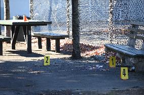 Evidence Markers At Scene Where A 21-year-old Man Was Fatally Stabbed At Steuben Park In Brooklyn New York