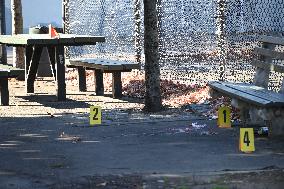 Evidence Markers At Scene Where A 21-year-old Man Was Fatally Stabbed At Steuben Park In Brooklyn New York