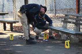 Evidence Markers At Scene Where A 21-year-old Man Was Fatally Stabbed At Steuben Park In Brooklyn New York