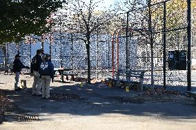 Evidence Markers At Scene Where A 21-year-old Man Was Fatally Stabbed At Steuben Park In Brooklyn New York