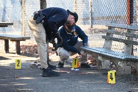 Evidence Markers At Scene Where A 21-year-old Man Was Fatally Stabbed At Steuben Park In Brooklyn New York